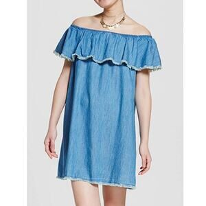 Mossimo Supply Women's Off The Shoulder Denim Chambray Dress Frayed Hem Size L